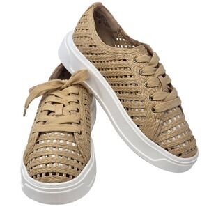 New Charles by CHARLES DAVID Size 7 Raffia Reason Platform Sneakers Tan NWB